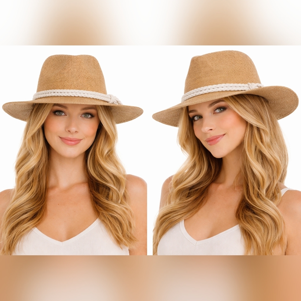 Nwt MARCUS ADLER NEW YORK Boho Wide Brim Panama Hat Rope Band Dark Tan